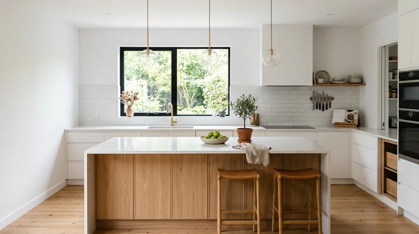 Let the grain pattern become a feature inspiration for a warm white and white oak kitchen.